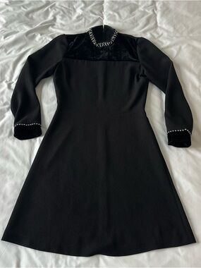 Sandro Black Long-Sleeve A-Line Dress with Jewel Trim